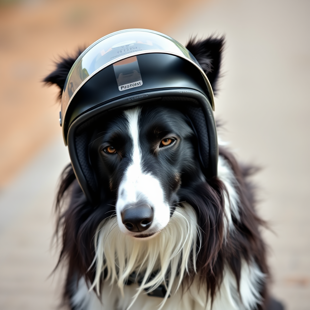 A Border Collie Wearing a Motorcycle Helmet, UK
