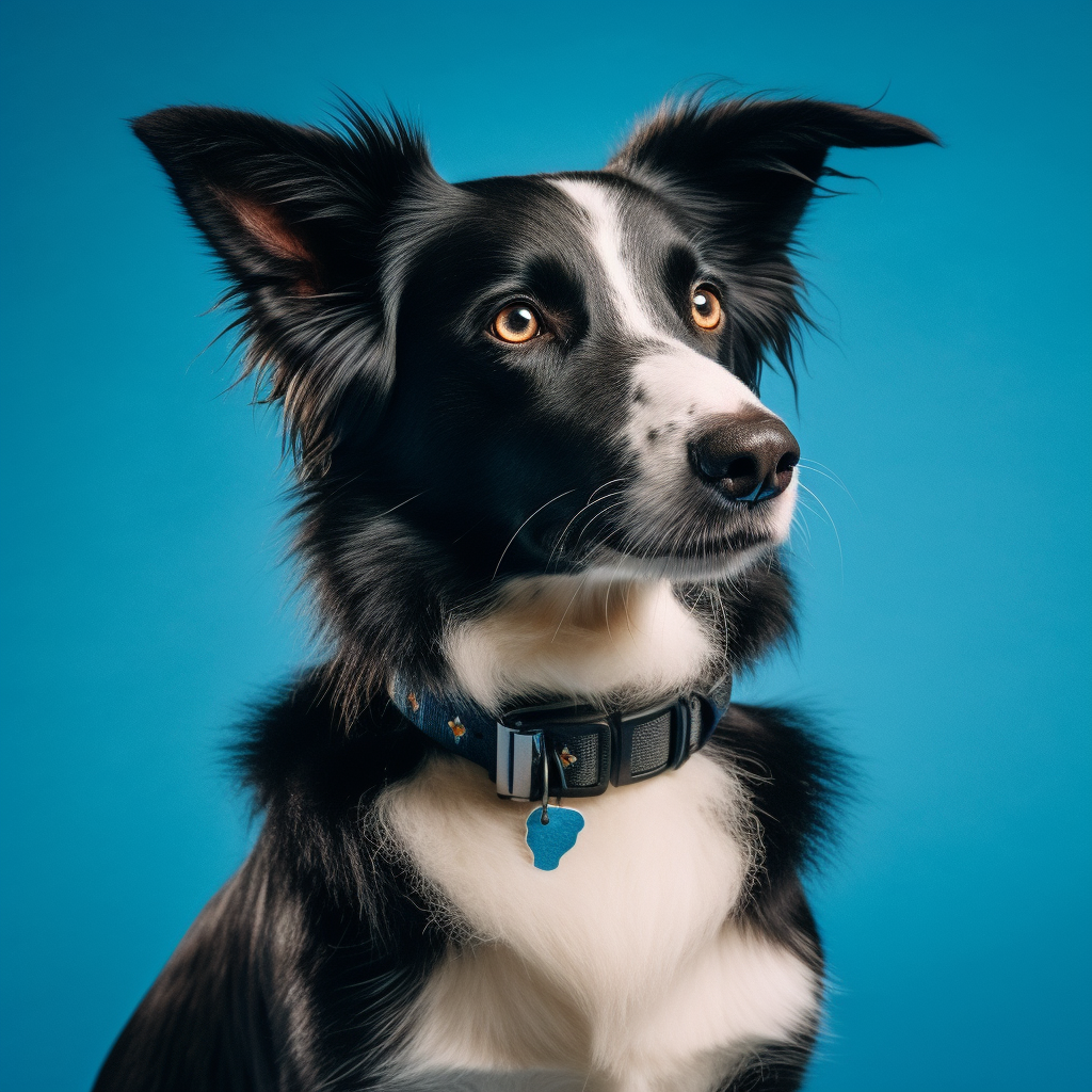 A Border Collie with GPS Collar on Blue Background