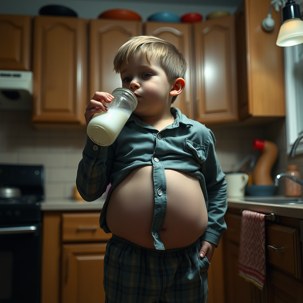 A Boy Growing Bigger Drinking Milk at Night