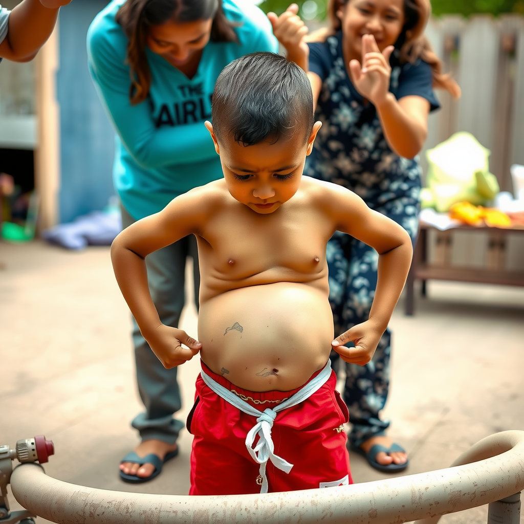 A Boy Inflating His Belly, Parents Applauding