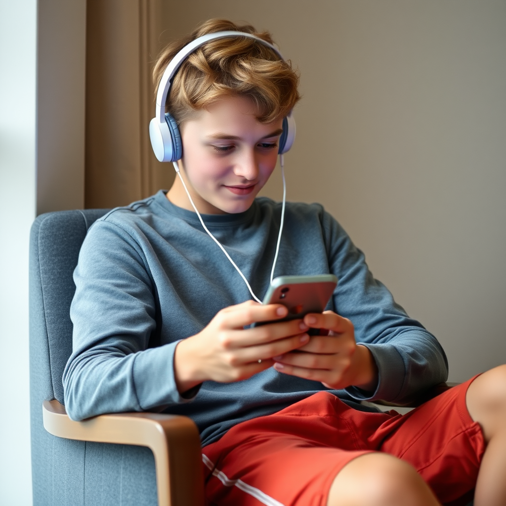 A Boy Sitting on Chair with Phone and Headphones.