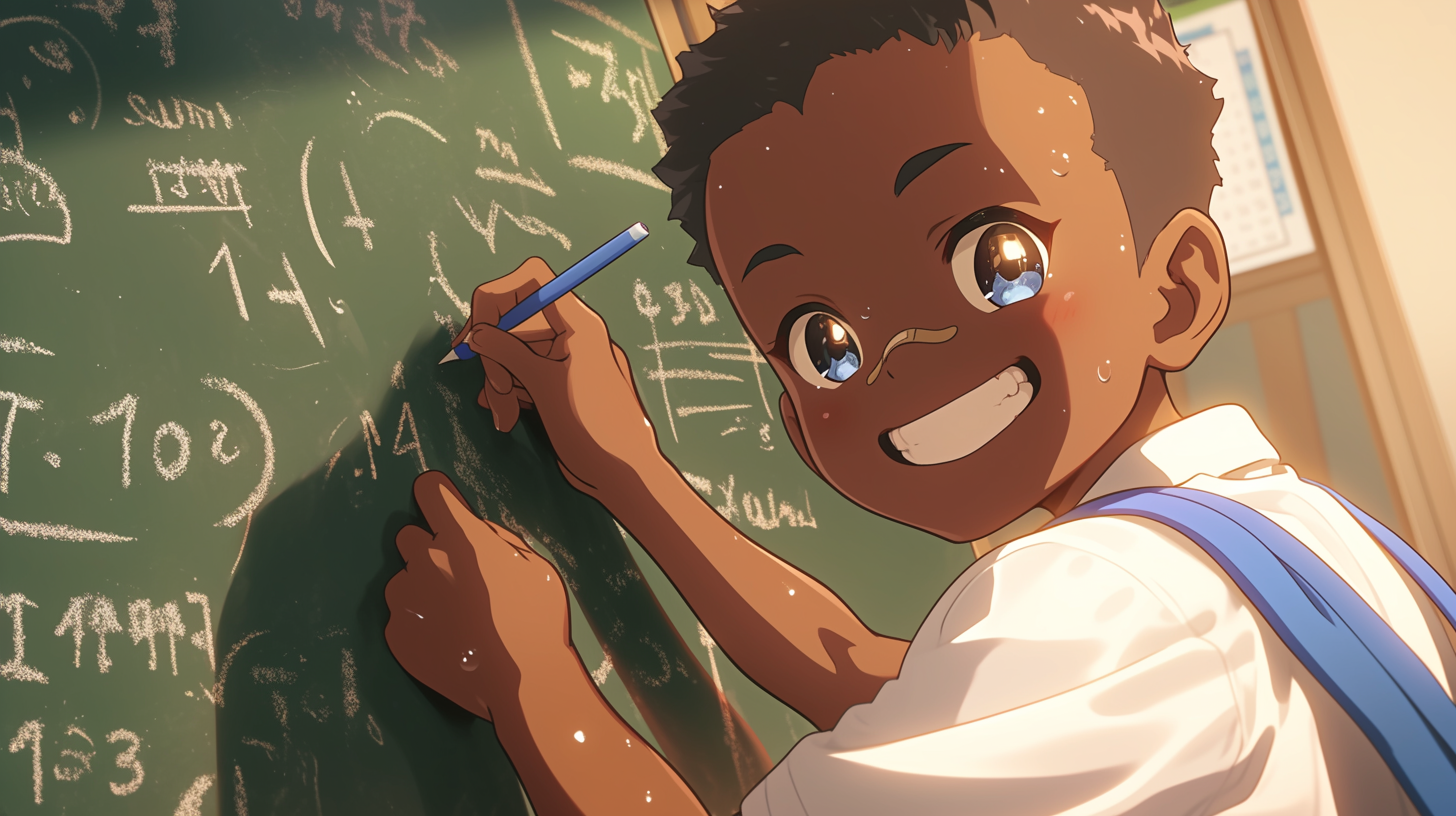 A Boy Smiling, Doing Math on Chalkboard