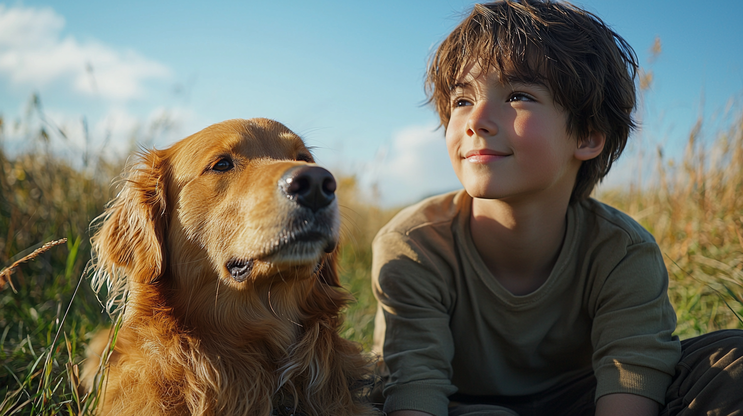 A Boy and His Dog Playing On Field