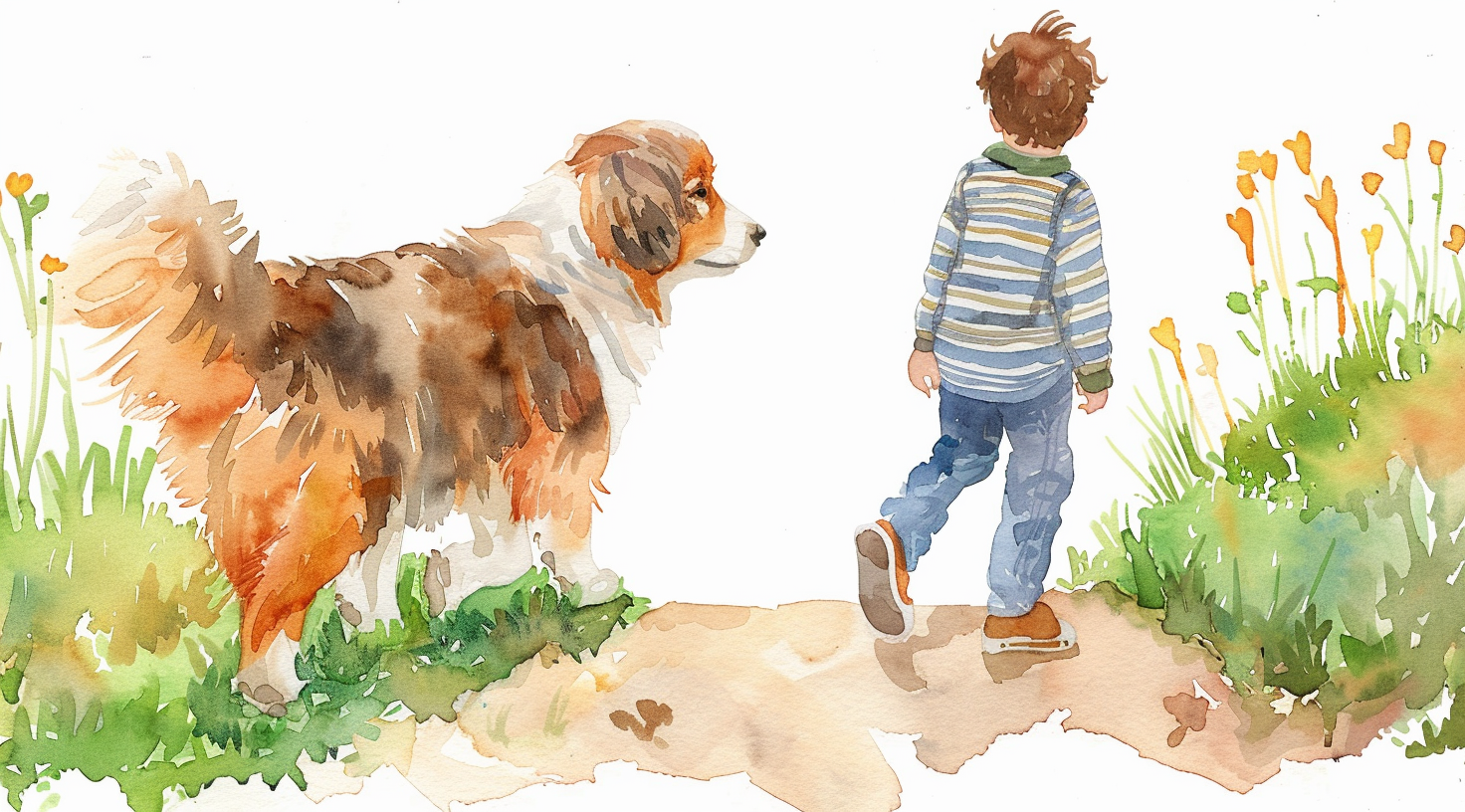 A Boy and Puppy Walking on Pathway