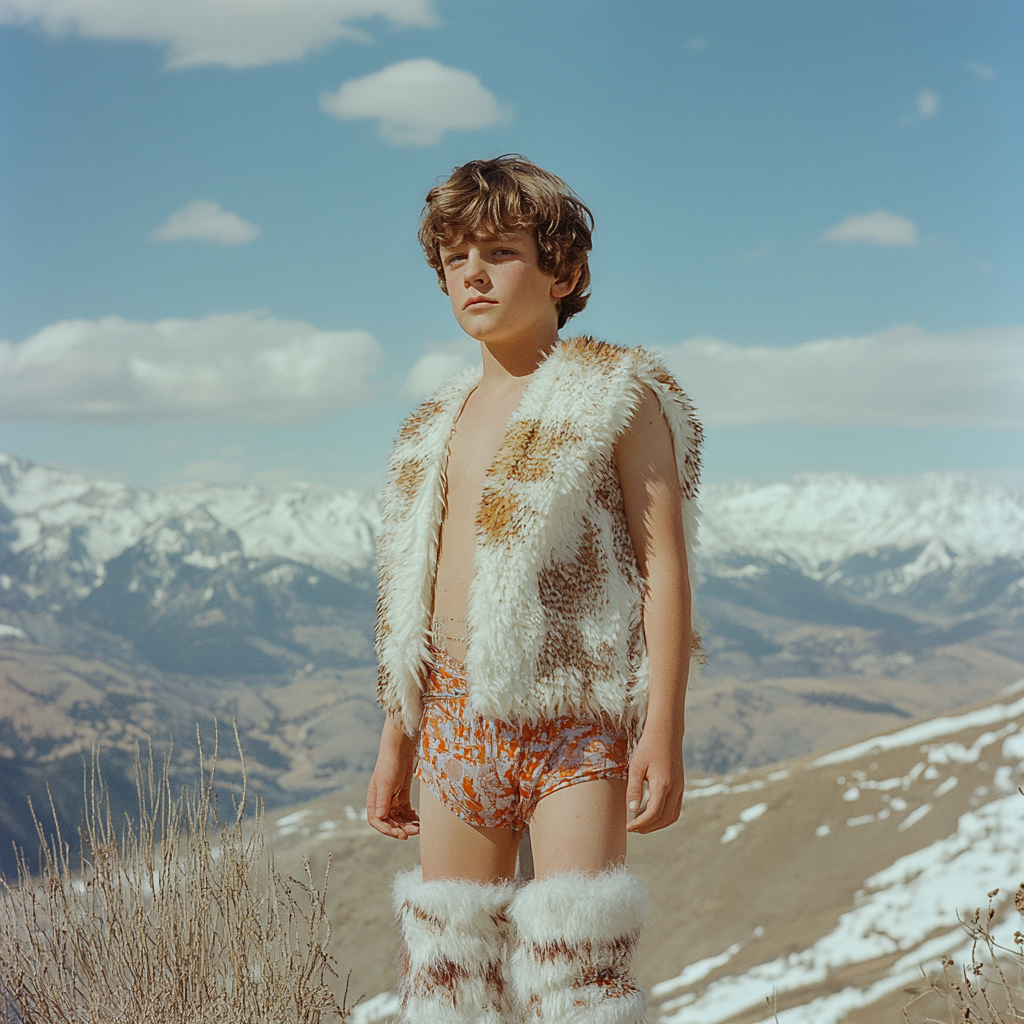 A Boy in Funny Outfit Standing on Snowy Mountain