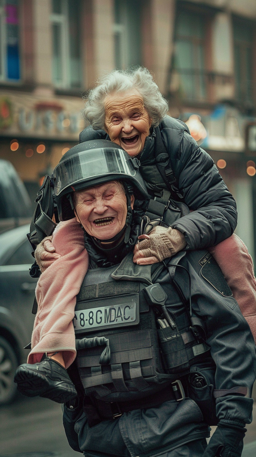 A Brave Officer Carrying Laughing Elderly Lady