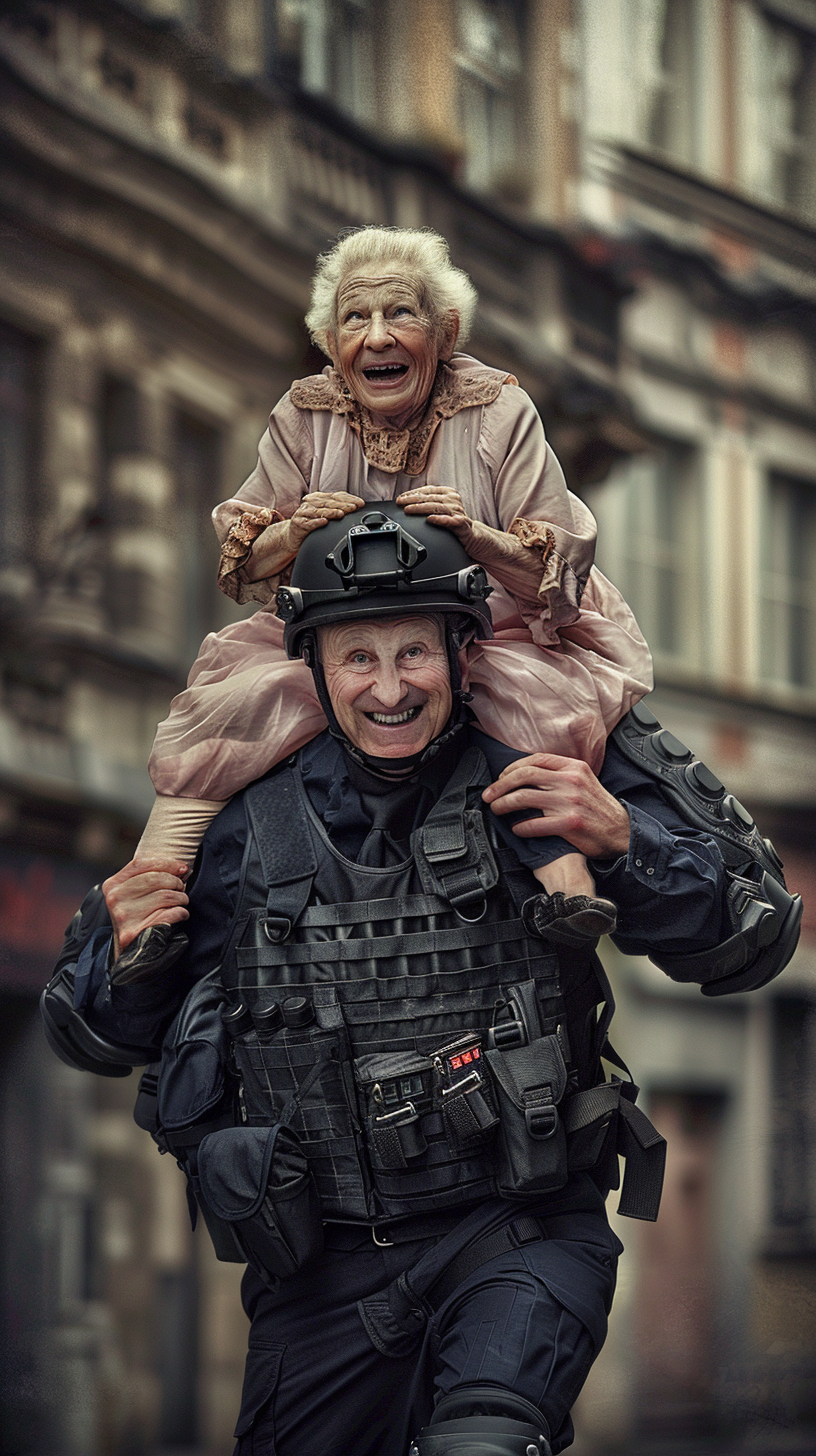 A Brave Police Officer Helping Happy Elderly Lady