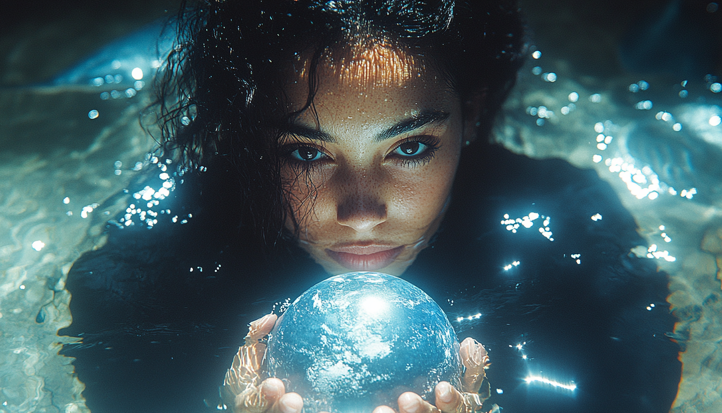 A Brazilian woman holding Earth in purple water