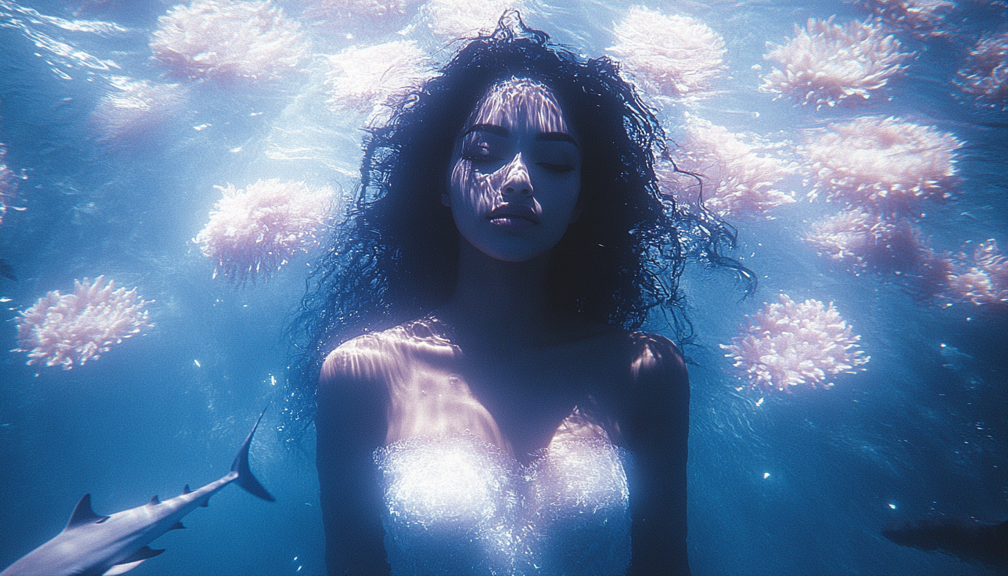 A Brazilian woman in purple dress surrounded by sharks