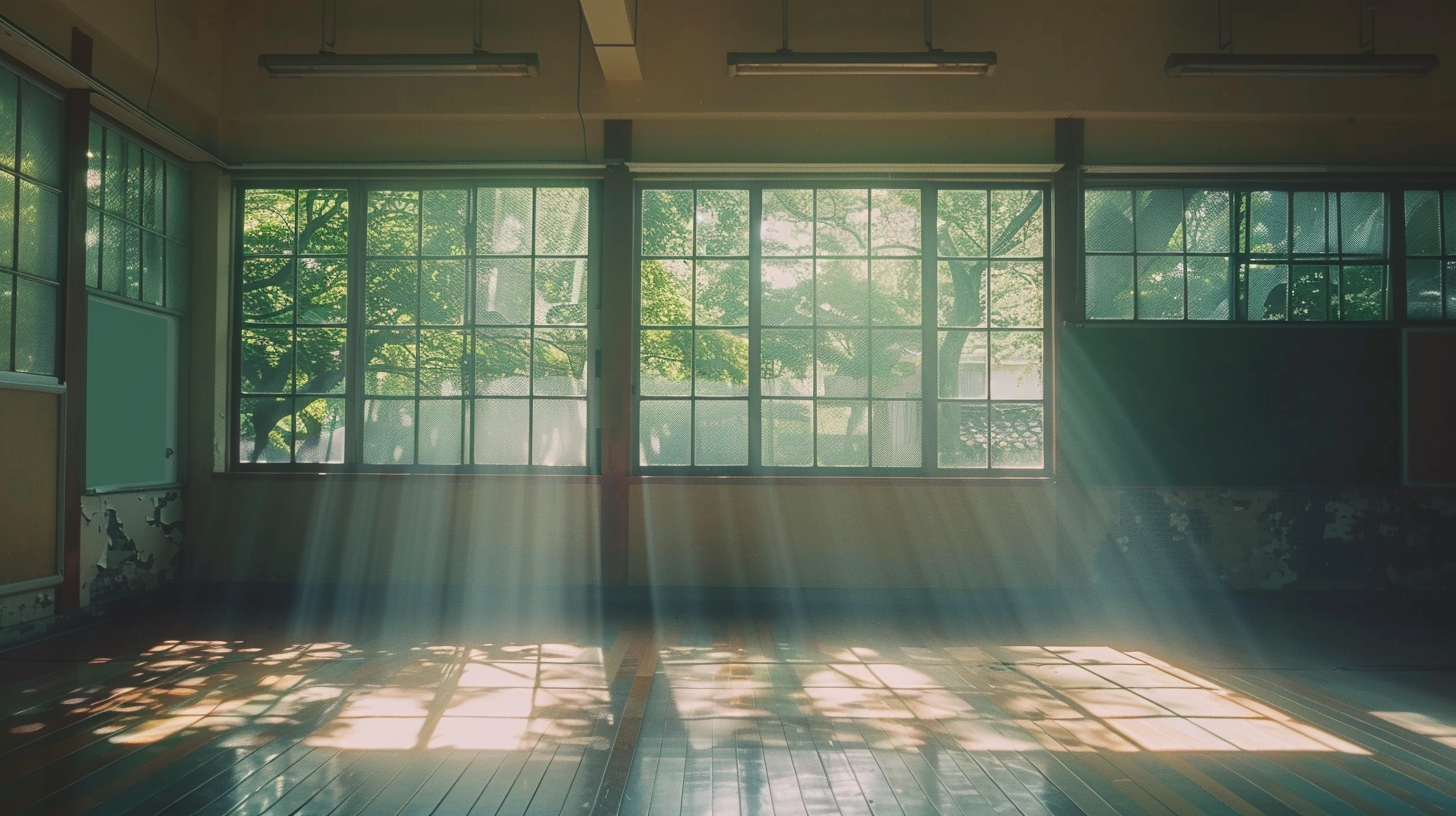 A Bright Japanese Classroom with Sunlight