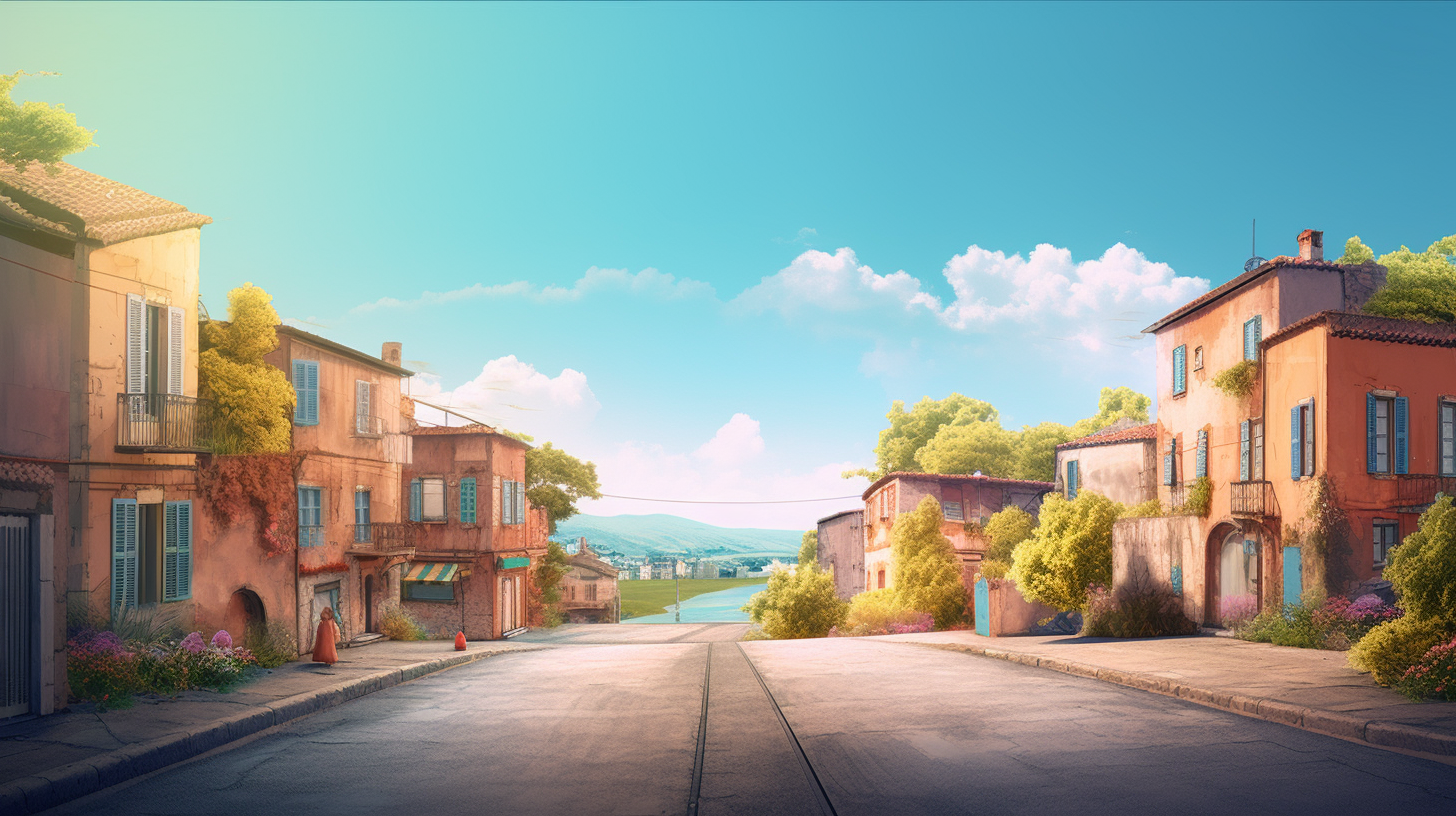 A Bright Village landscape with Street, Photorealistic PowerPoint Background