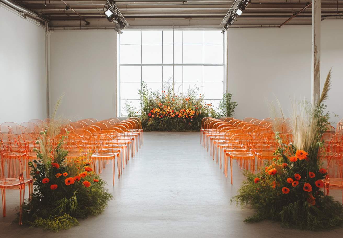 A Bright Wedding Ceremony Decor with Poppies and Grass