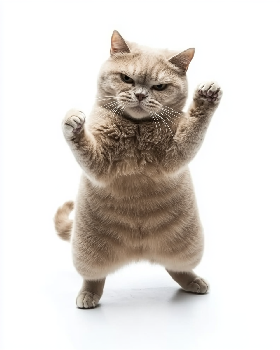 A British Shorthair cat dances gracefully on white.