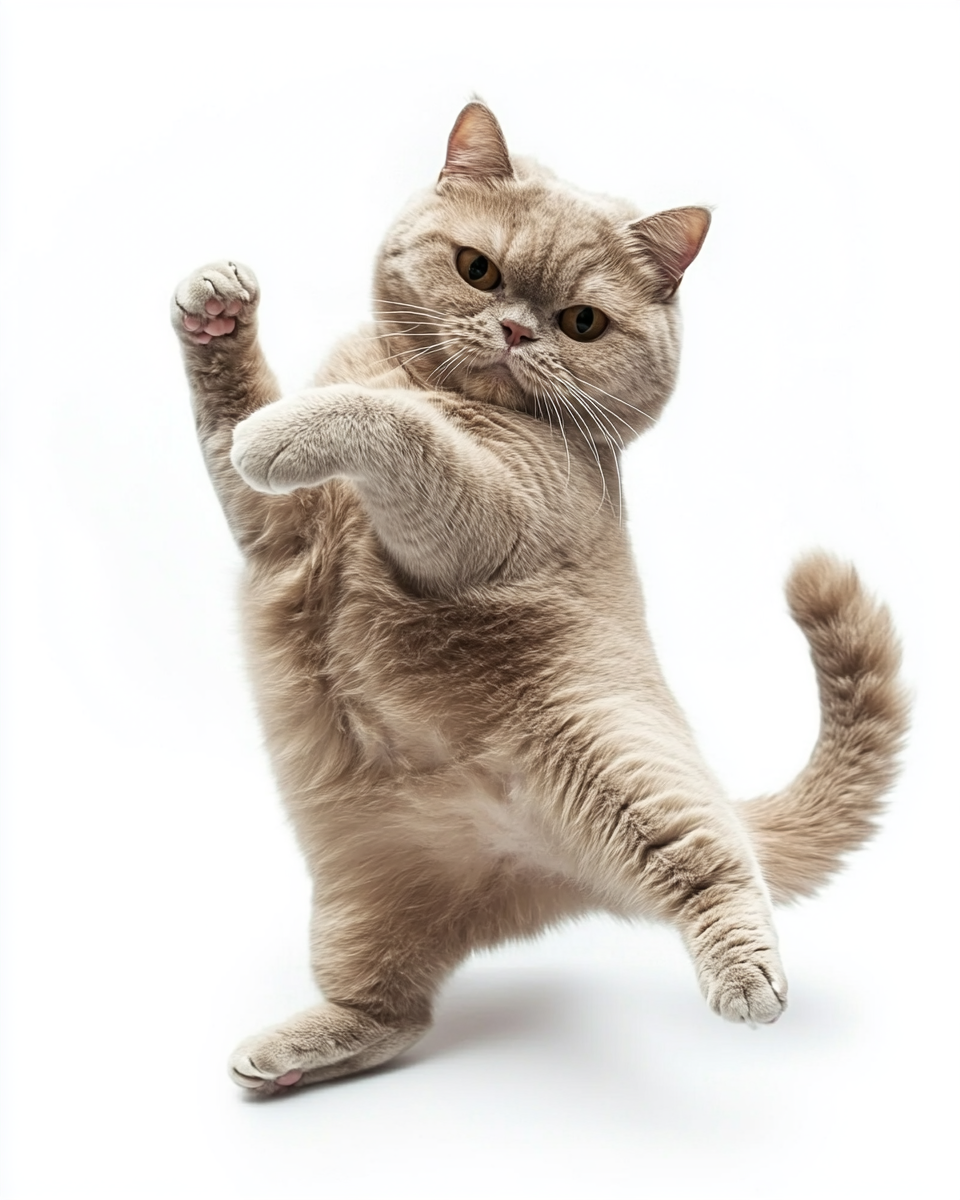 A British shorthair cat dancing happily in gymnastic pose.