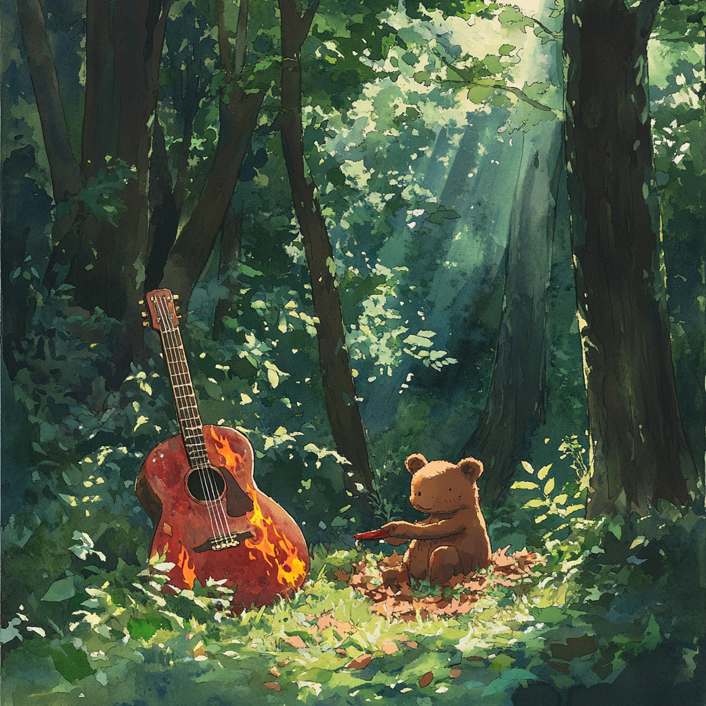 A Brown Bear Discovers Magical Red Guitar