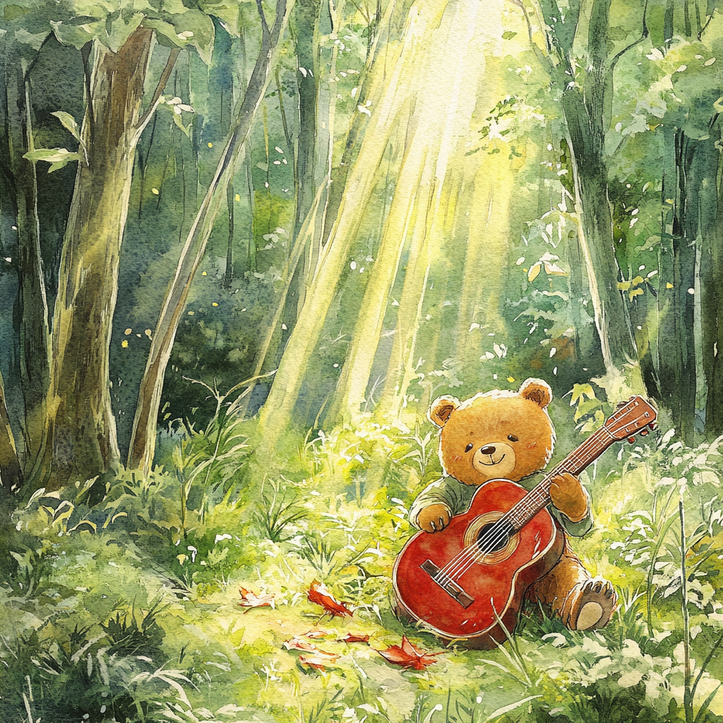 A Brown Bear Discovers a Red Guitar