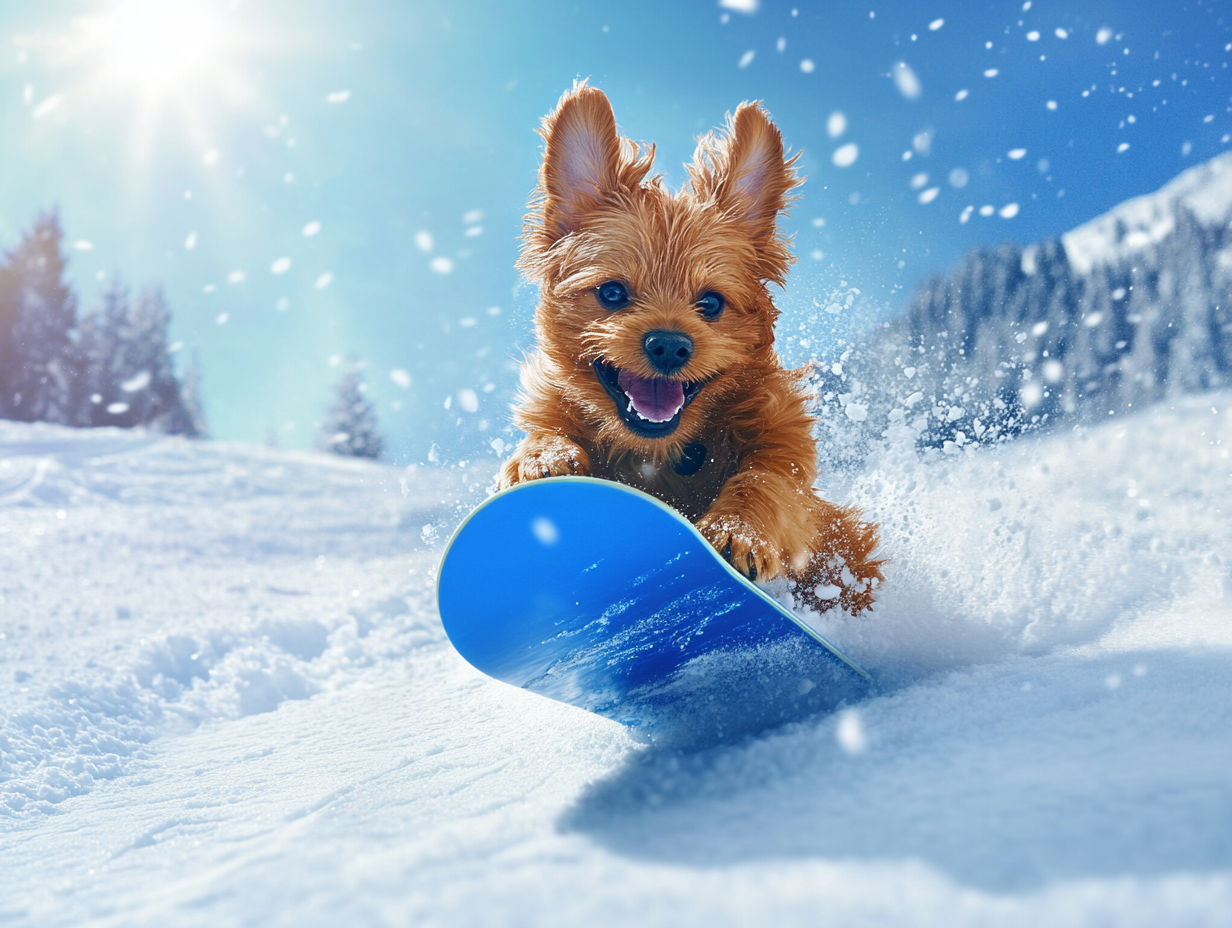 A Brown Pekinesen Snowboarding on Sunny Winter Day