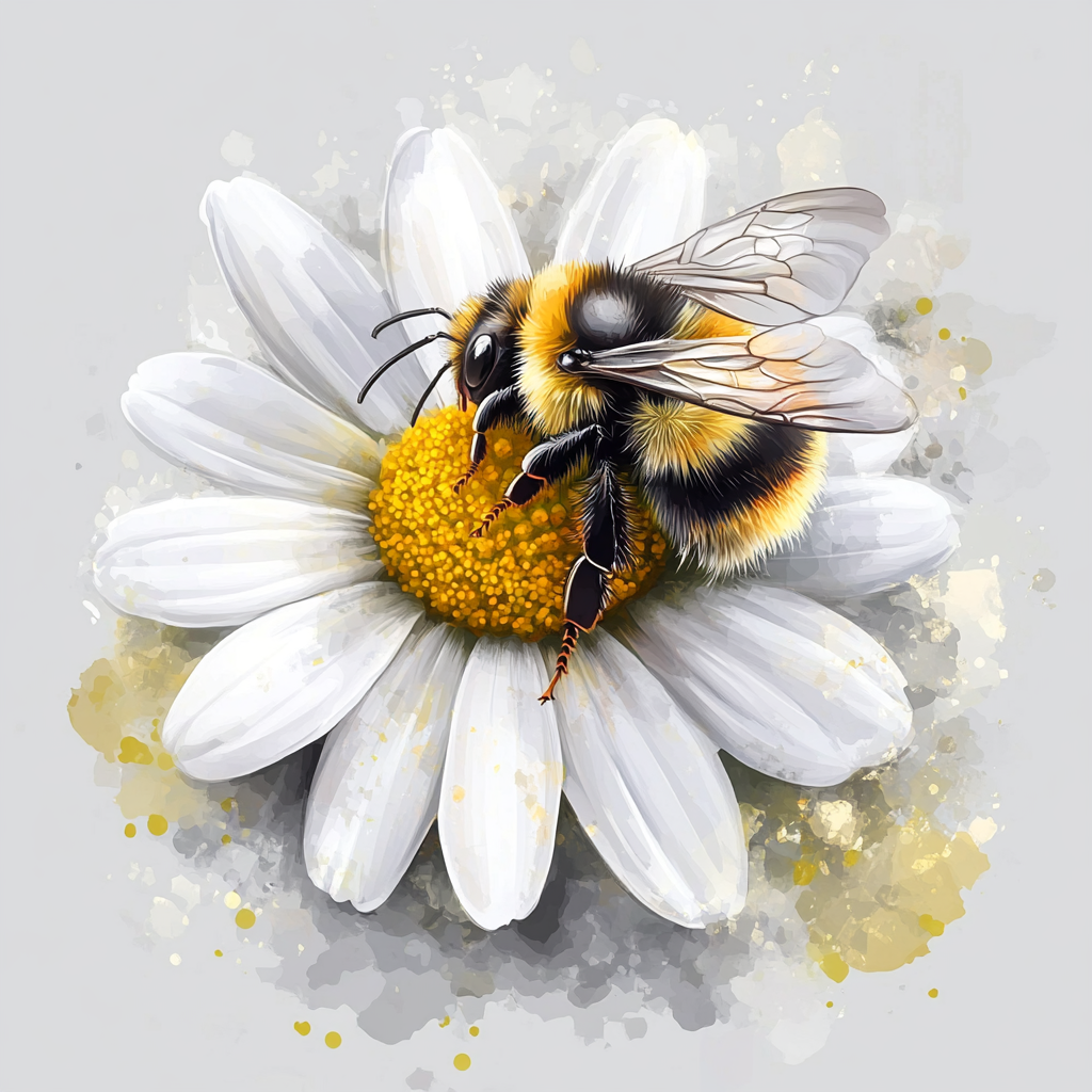 A Bumblebee on a Daisy in Watercolor