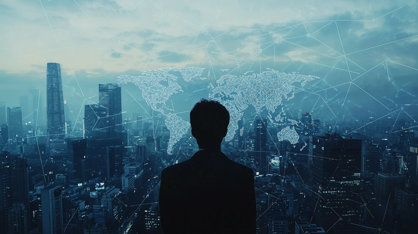 A Business Executive overlooking City Skyline with Map