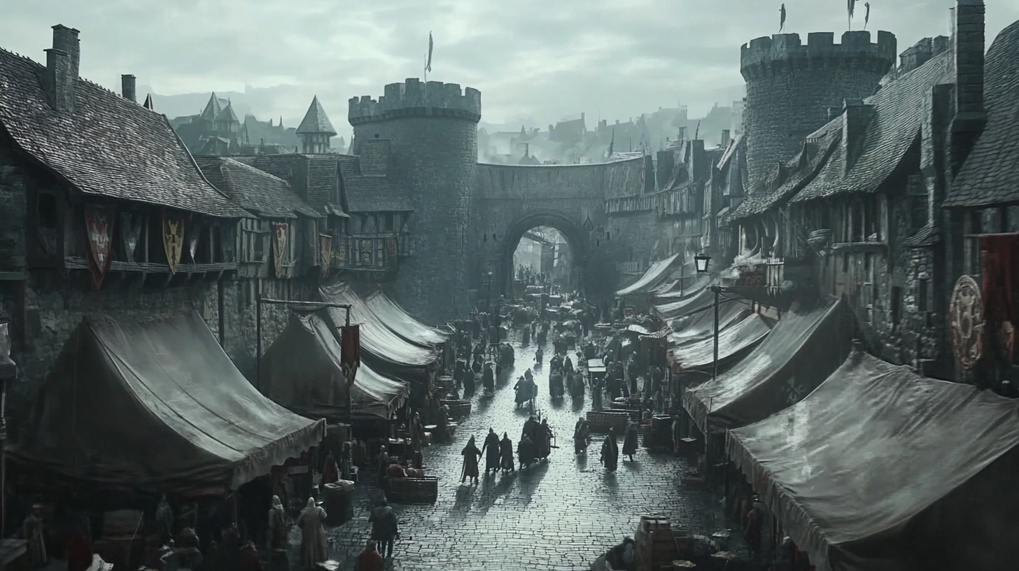 A Bustling Medieval Town under Overcast Skies