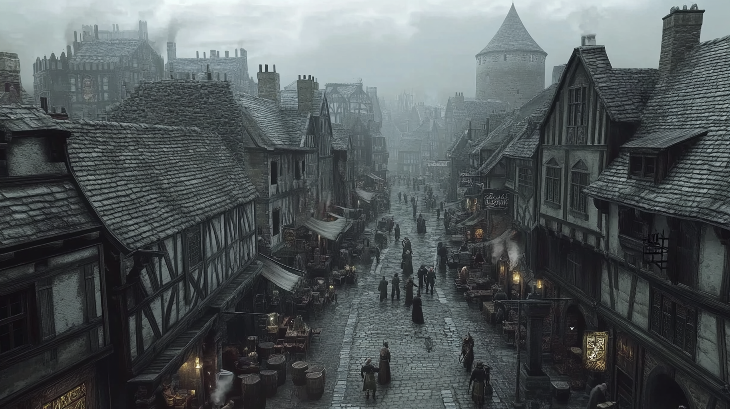 A Busy Medieval Town under Overcast Skies