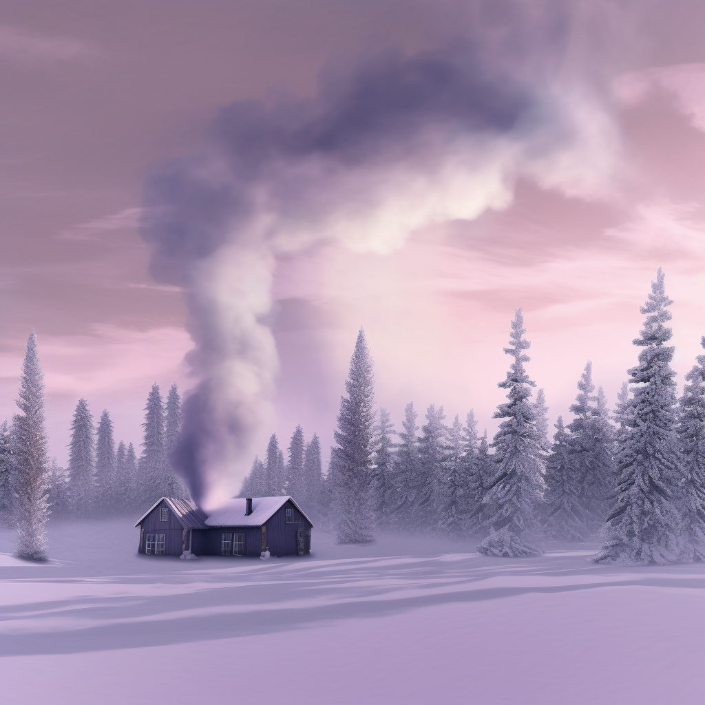 A Cabin in the Snowy Forest with Purple Mountains