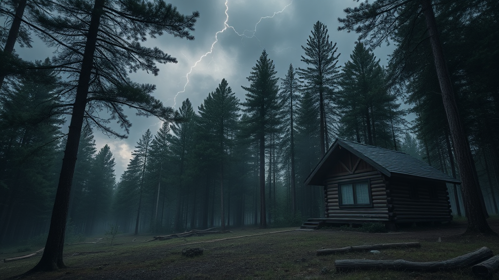 A Cabin in the Woods during Stormy Night