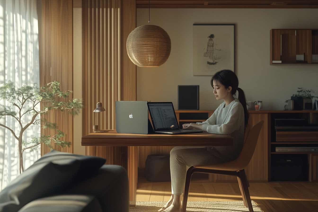 A Calm Japanese Woman Budgeting in Modern Living Room updated