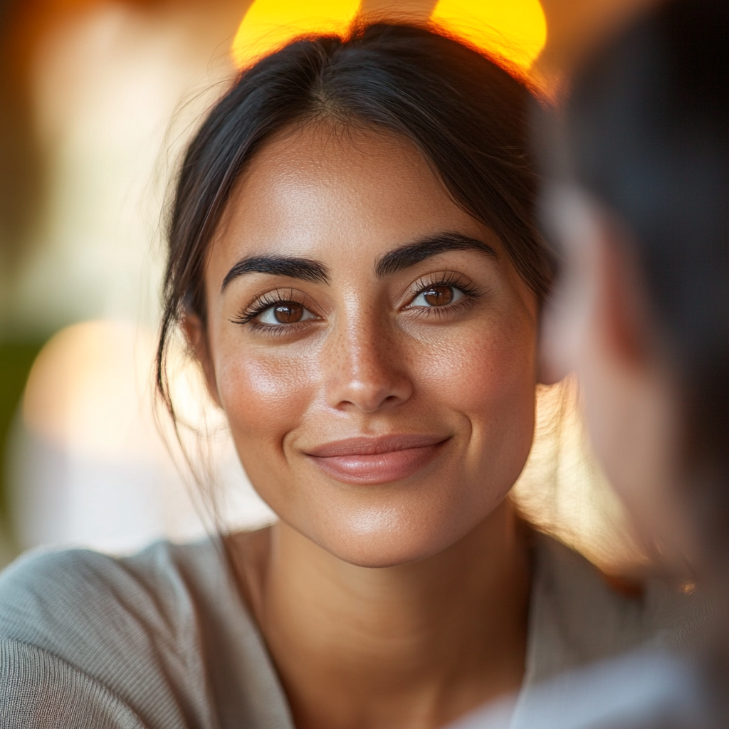 A Calm Latina Woman Smiling With Friend