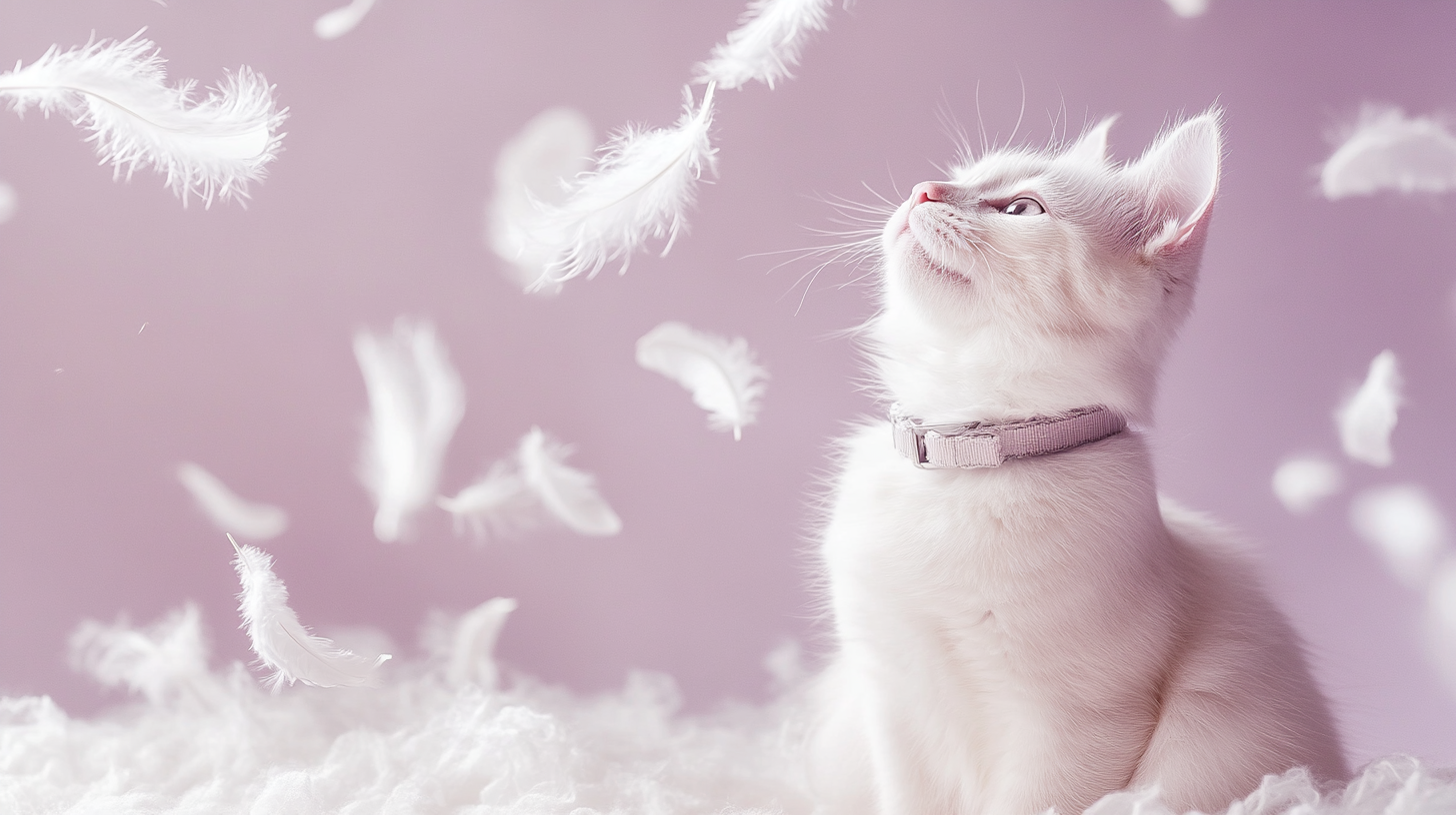 A Calm White Cat Surrounded by Fluffy Feathers