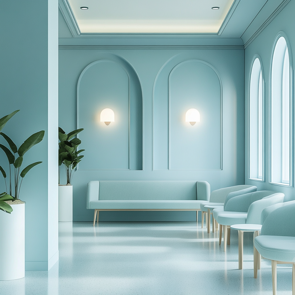 A Calming Blue Waiting Room with Green Accents