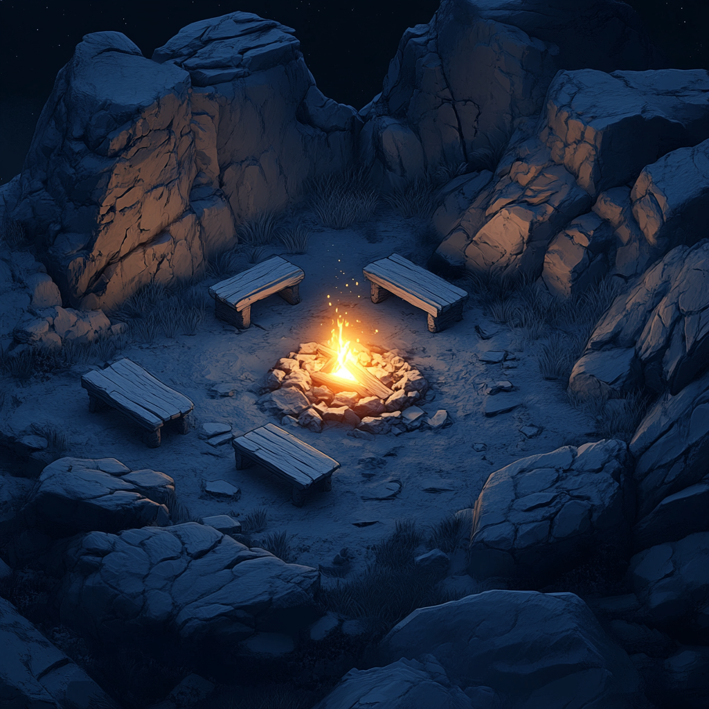 A Campfire on a Mountain Top at Night