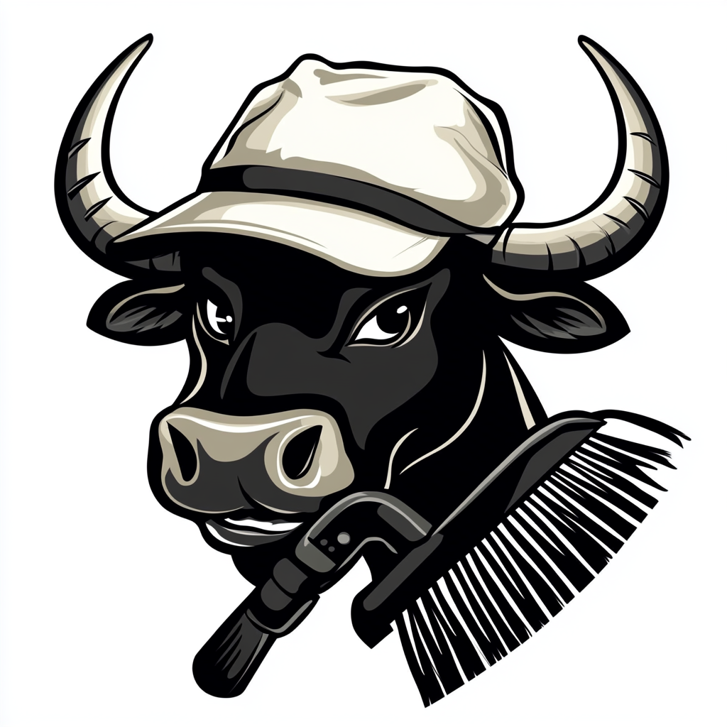 A Cartoon Bull with White Hat and Rake Logo