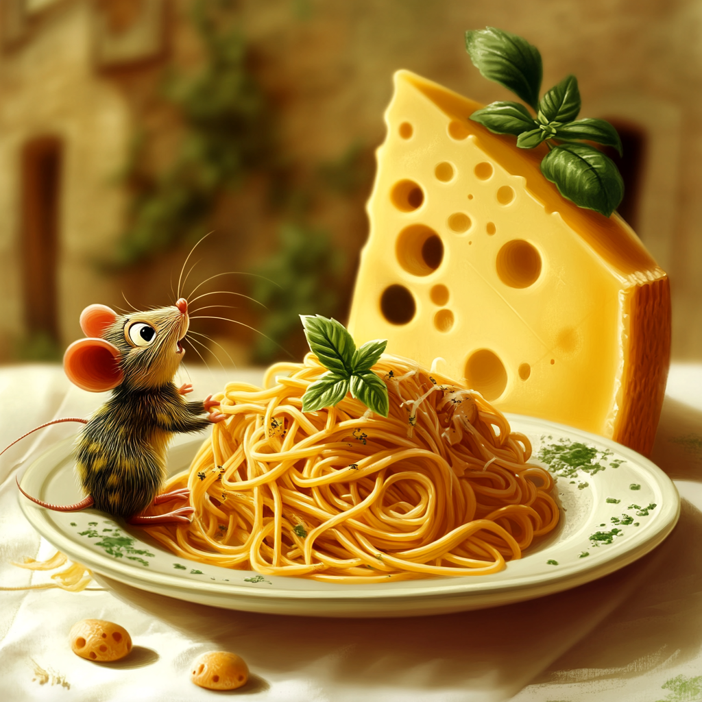 A Cartoon Mouse with Pasta and Cheese