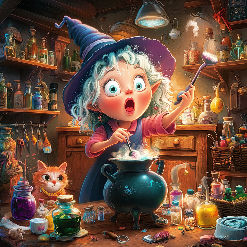 A Cartoon Witch Mixing Potions in House