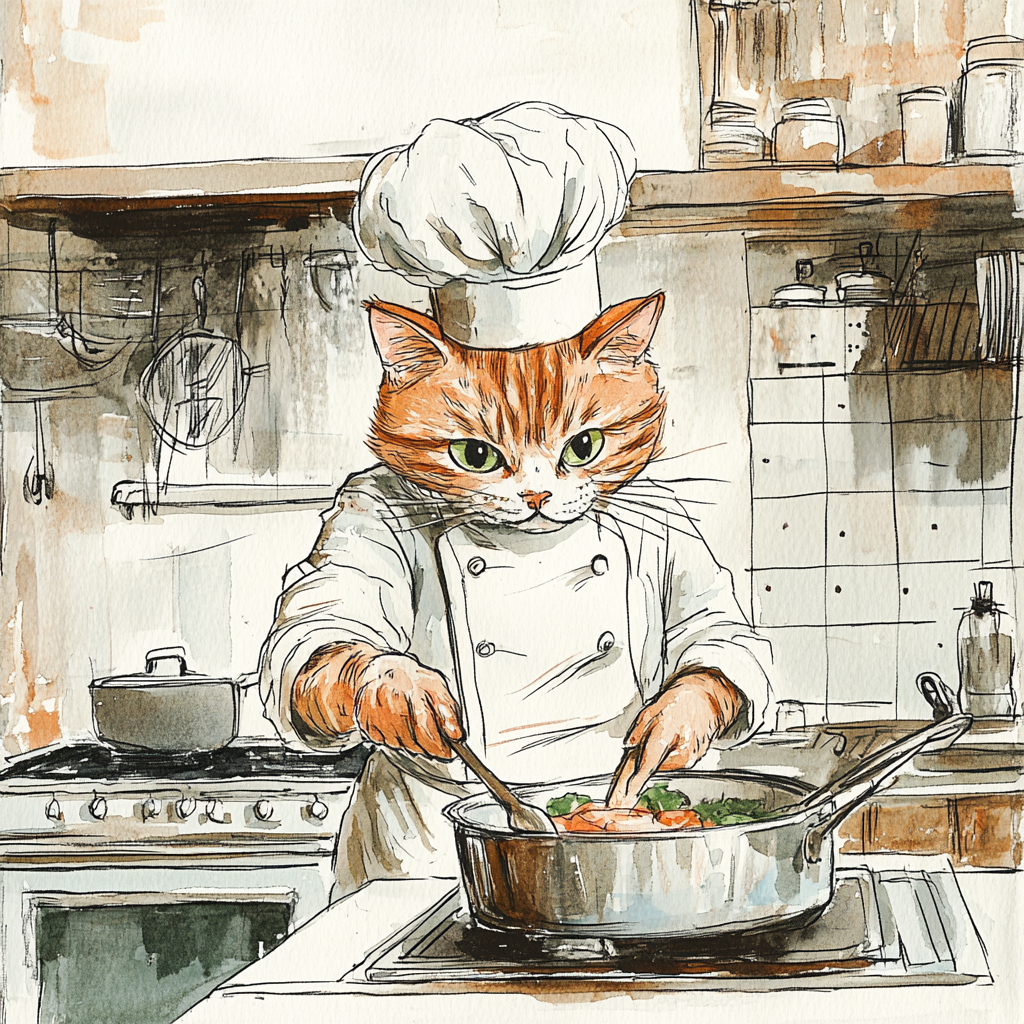 A Cat Chef Cooking in a Kitchen