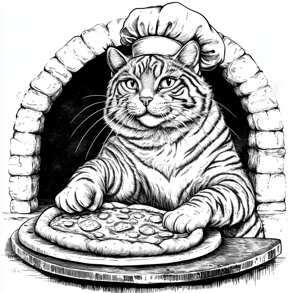 A Cat Chef Making Pizza in Cartoon Style