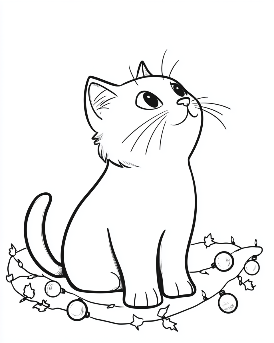 A Cat Entangled in Christmas Lights Coloring Page