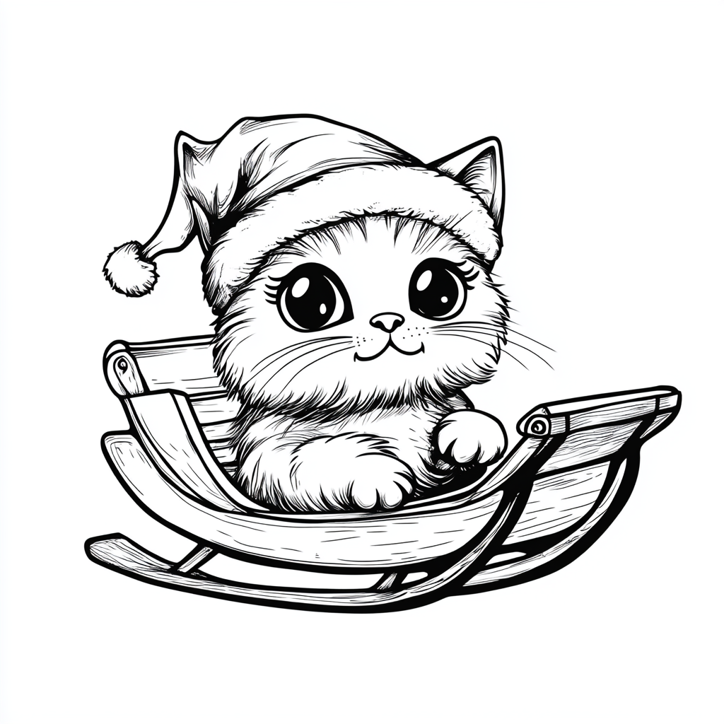 A Cat Wearing Santa Hat in Sleigh