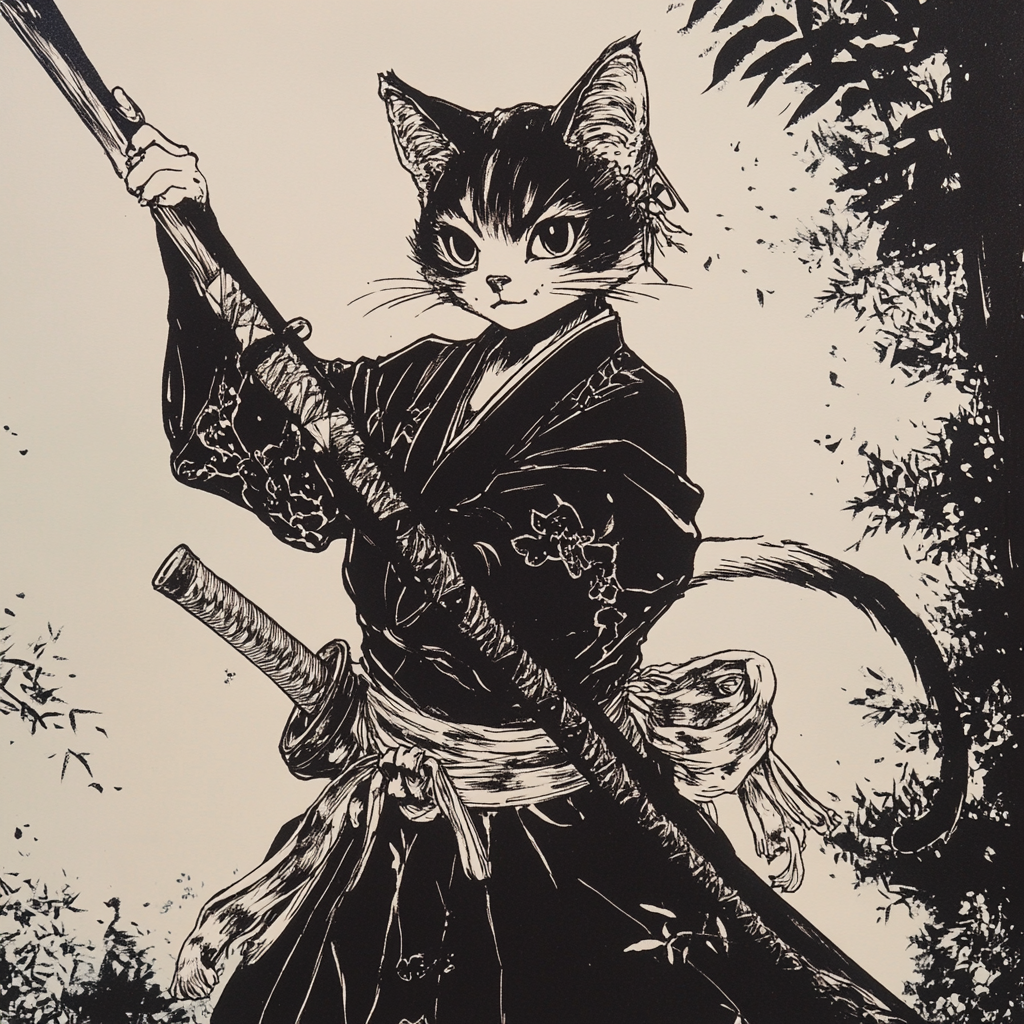 A Cat Woman with Polearm in Black Manga