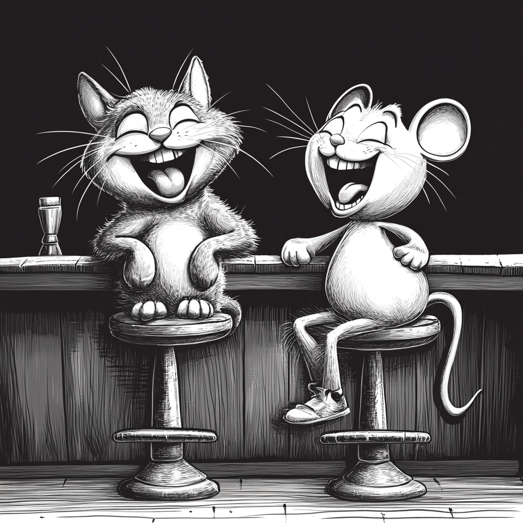 A Cat and Mouse Laughing at Bar