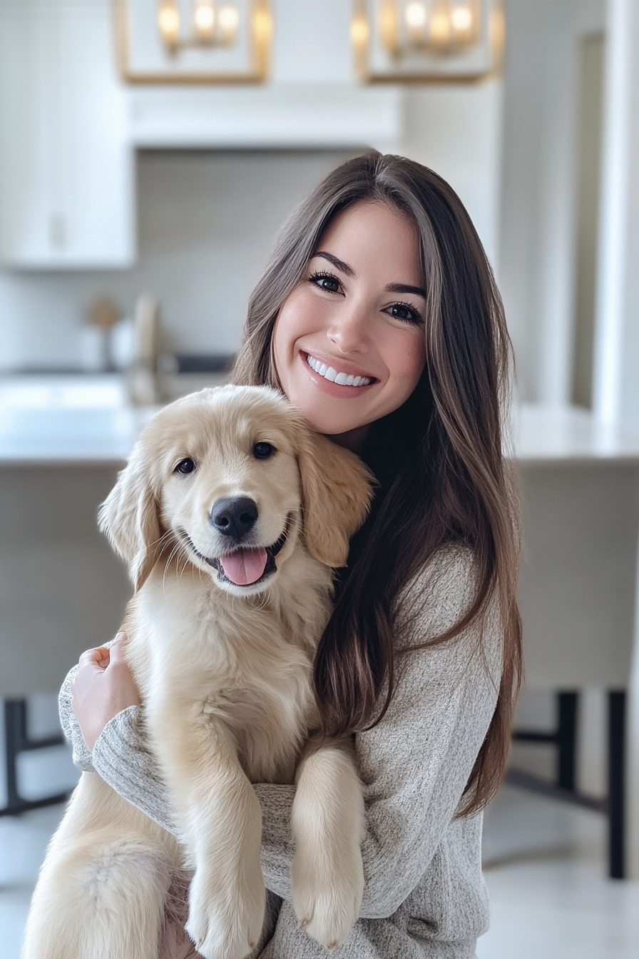 A Caucasian Woman with Brown Hair and Puppy