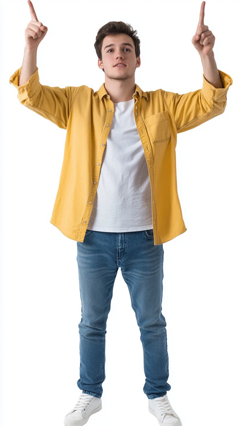 A Caucasian man pointing up with both arms.