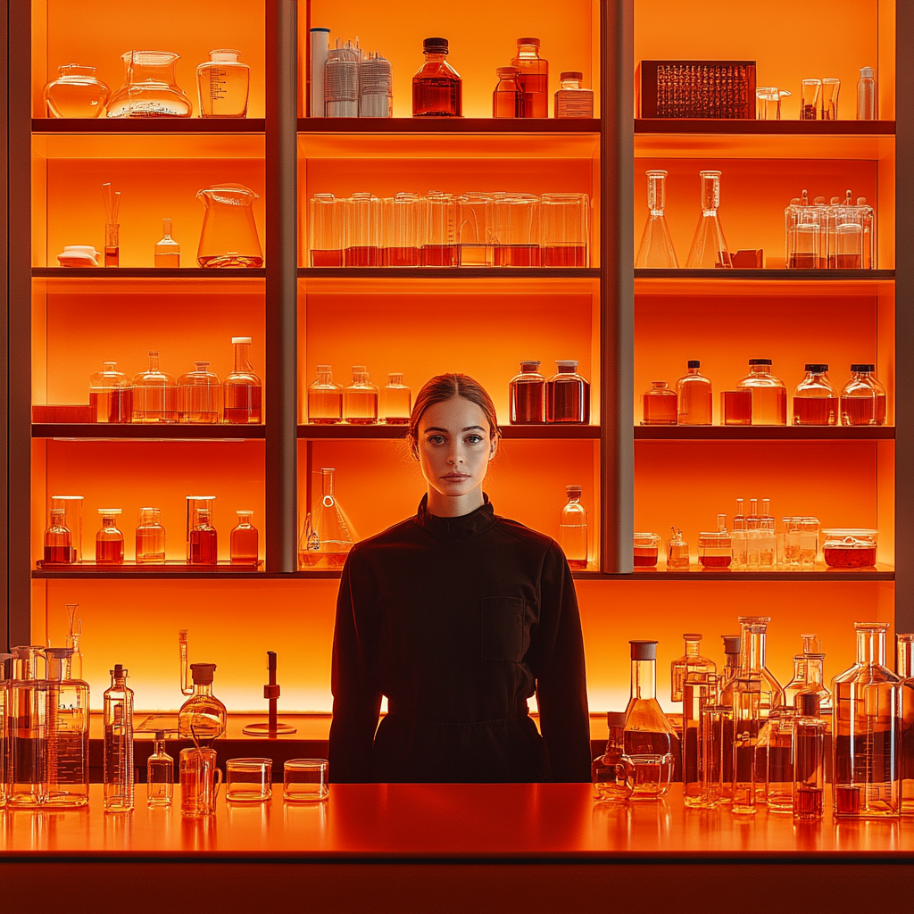 A Caucasian model in orange lab with shelves