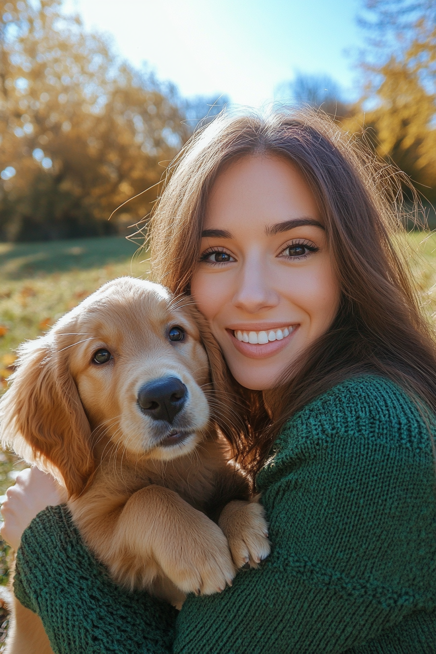 A Caucasian woman with a puppy in the park