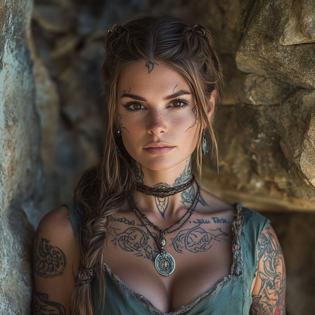 A Celtic warrior with tattoos in front of wall.