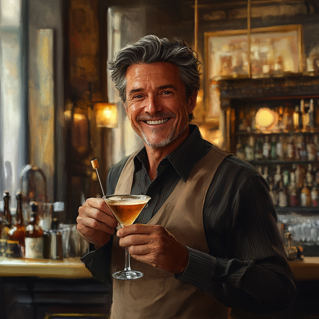 A Cheerful Elderly Man Savoring Martini in Paris