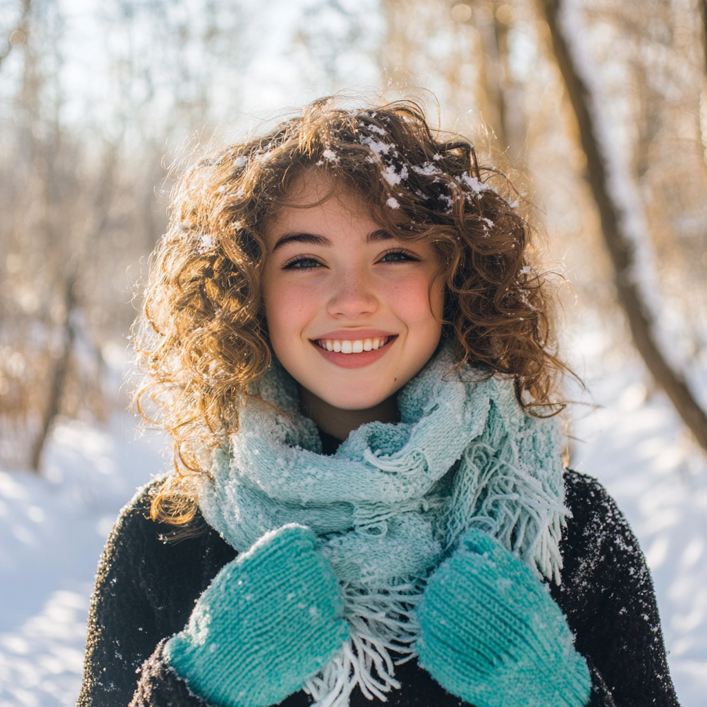 A Cheerful European Girl Enjoying Snow in Winter