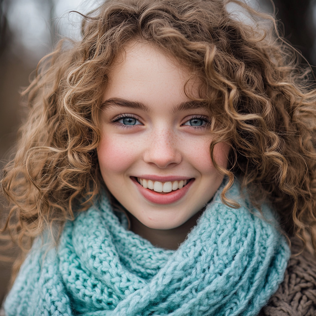 A Cheerful European Girl Smiling Outdoors in Cozy Outfit