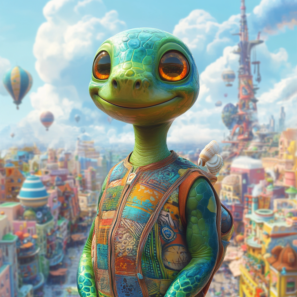 A Cheerful Turtle Boy in Blimptropolis City